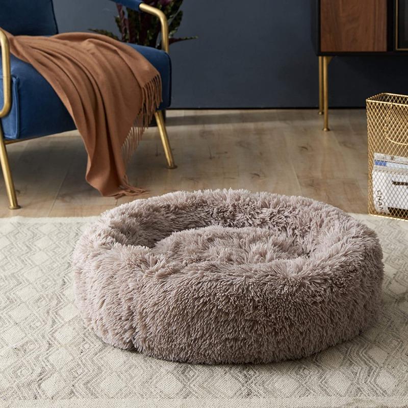 khaki calming dog bed in living room
